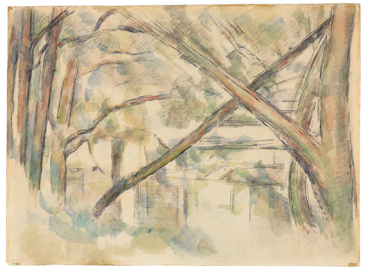 Puiden ylitys veden reunalla II; Leikkaavia puita veden äärellä, II, n. 1896 tekijältä Paul Cézanne