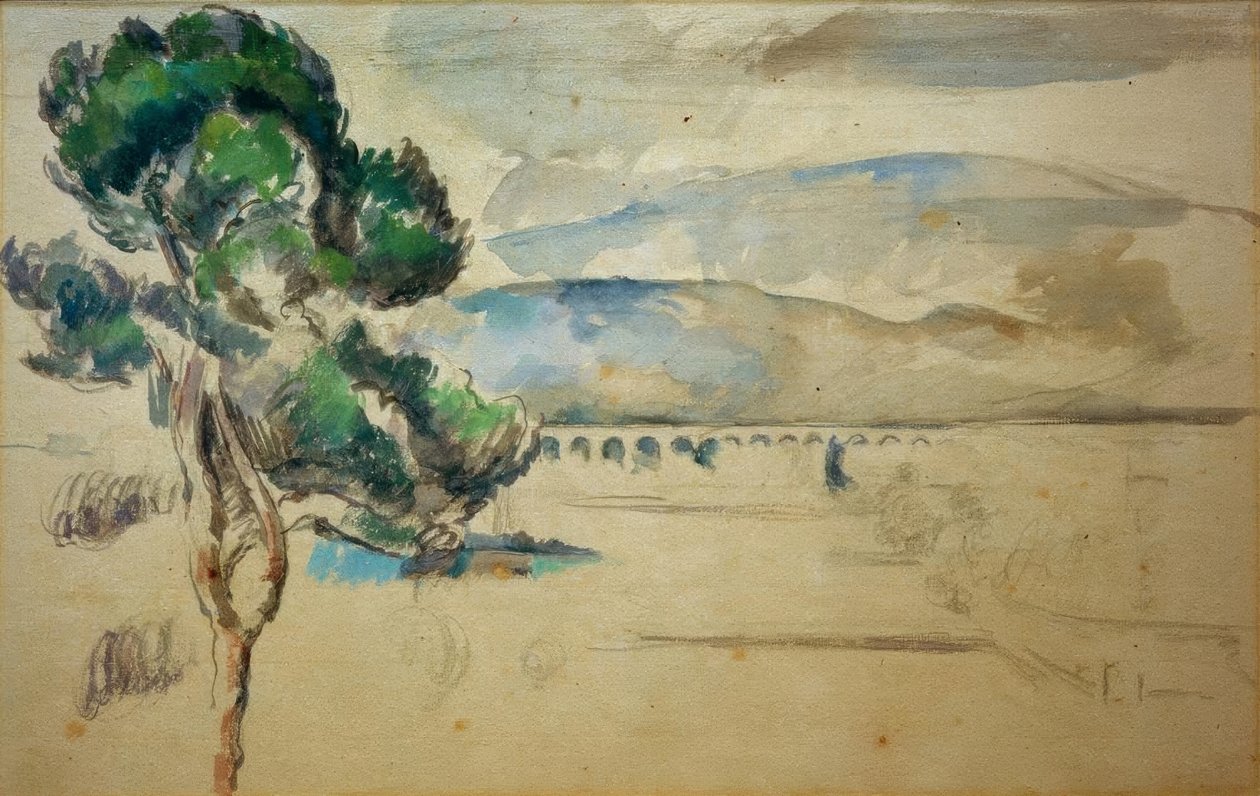 Kaaren laakso, jossa on viadukti ja mäntypuu tekijältä Paul Cézanne