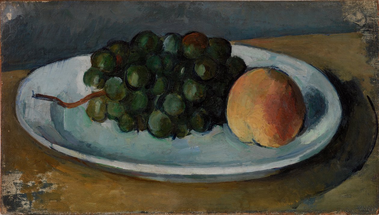 Rypäleet ja persikka lautasella tekijältä Paul Cézanne