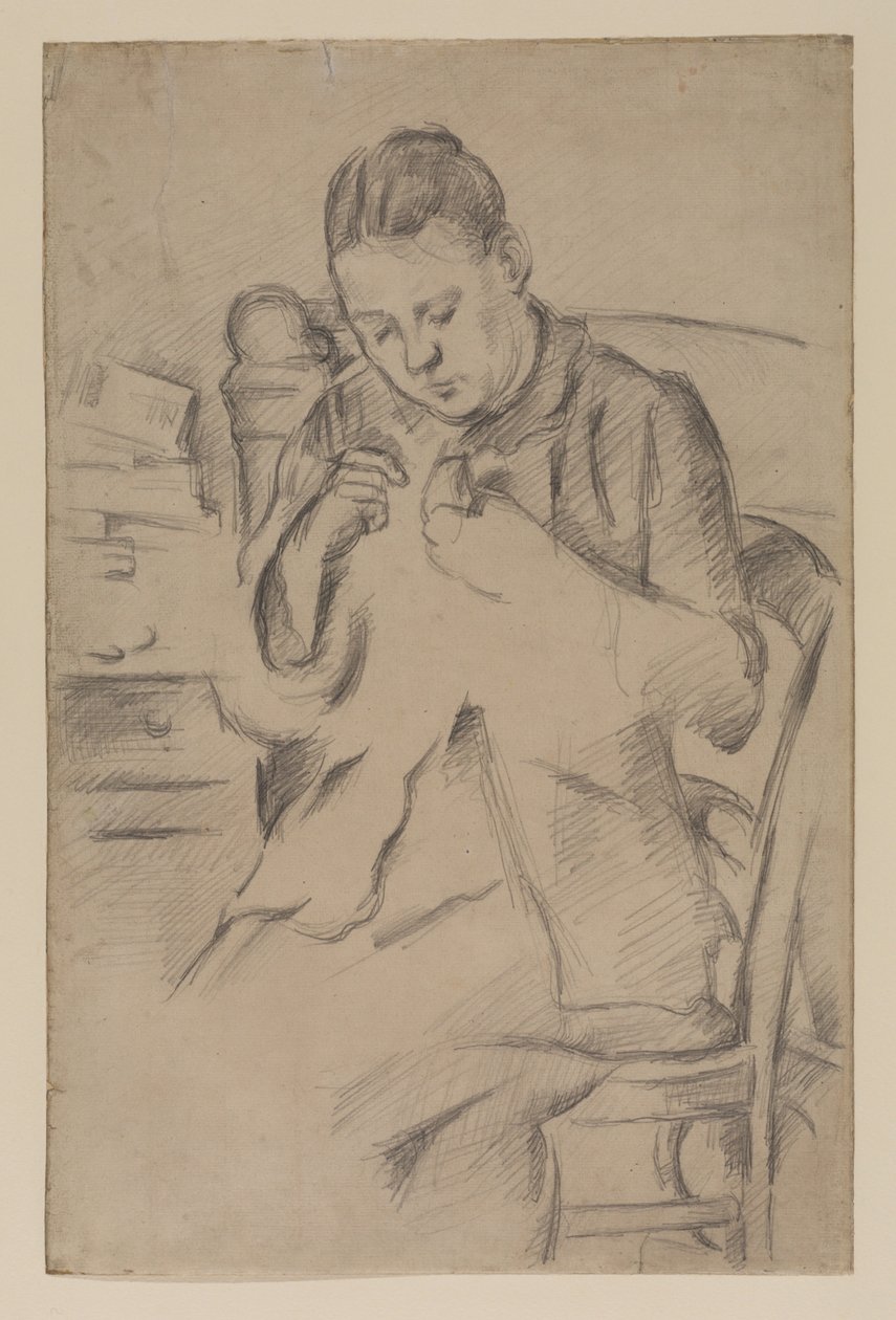 Hortense Fiquet, Madame Cezanne, ompelu, n. 1880 (kynä paperille) tekijältä Paul Cézanne