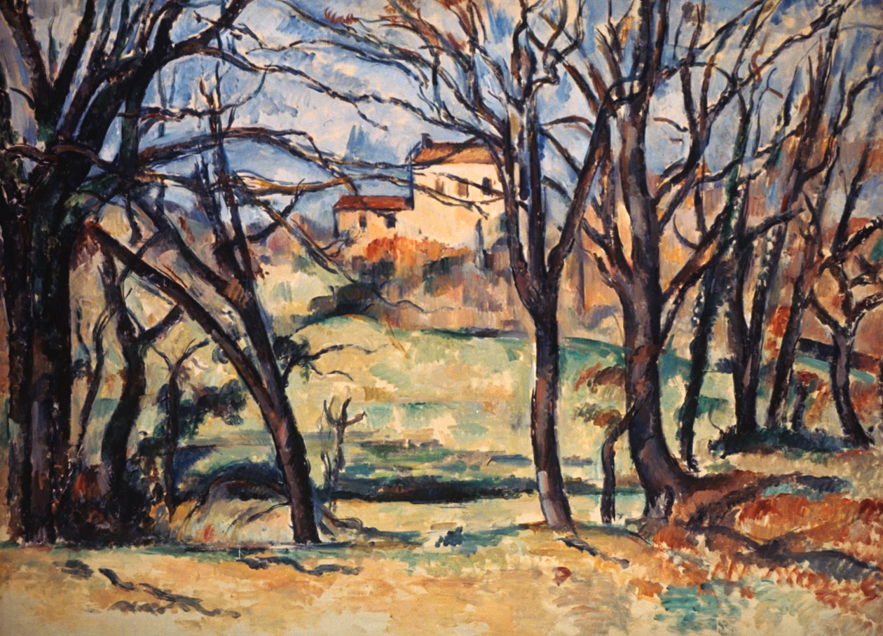 Talo puiden takana tiellä Tholonetiin, n. 1885 tekijältä Paul Cézanne