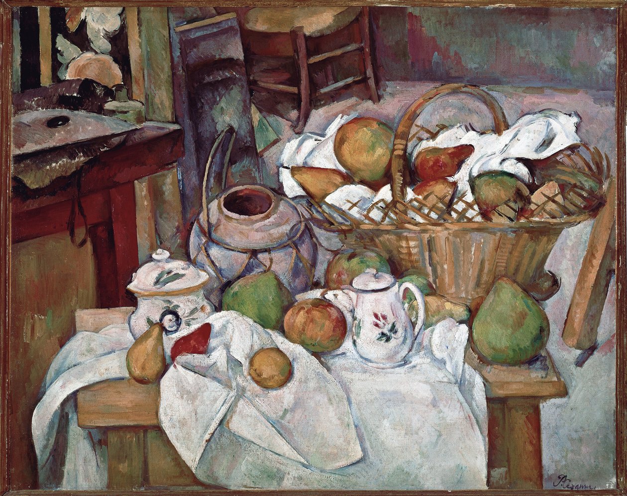 Keittiön pöytä tai Still-life with Basket - öljy kankaalle tekijältä Paul Cézanne