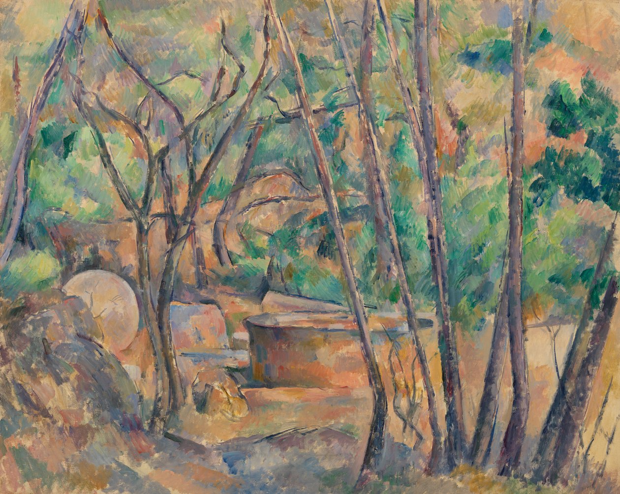 Myllynkivi ja vesisäiliö puiden alla tekijältä Paul Cézanne