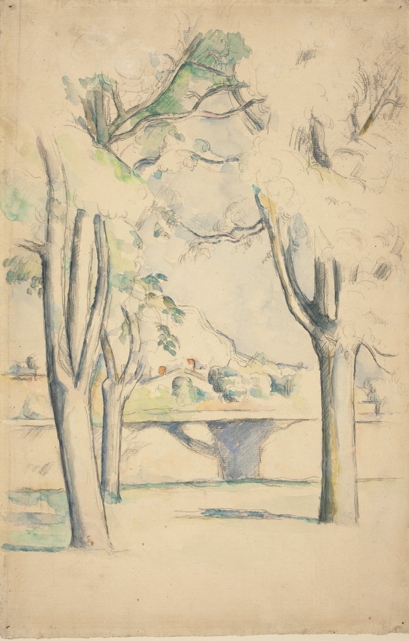 Mont Sainte-Victoire nähtynä Jas de Bouffanin muurin takana, n. 18851888. tekijältä Paul Cézanne