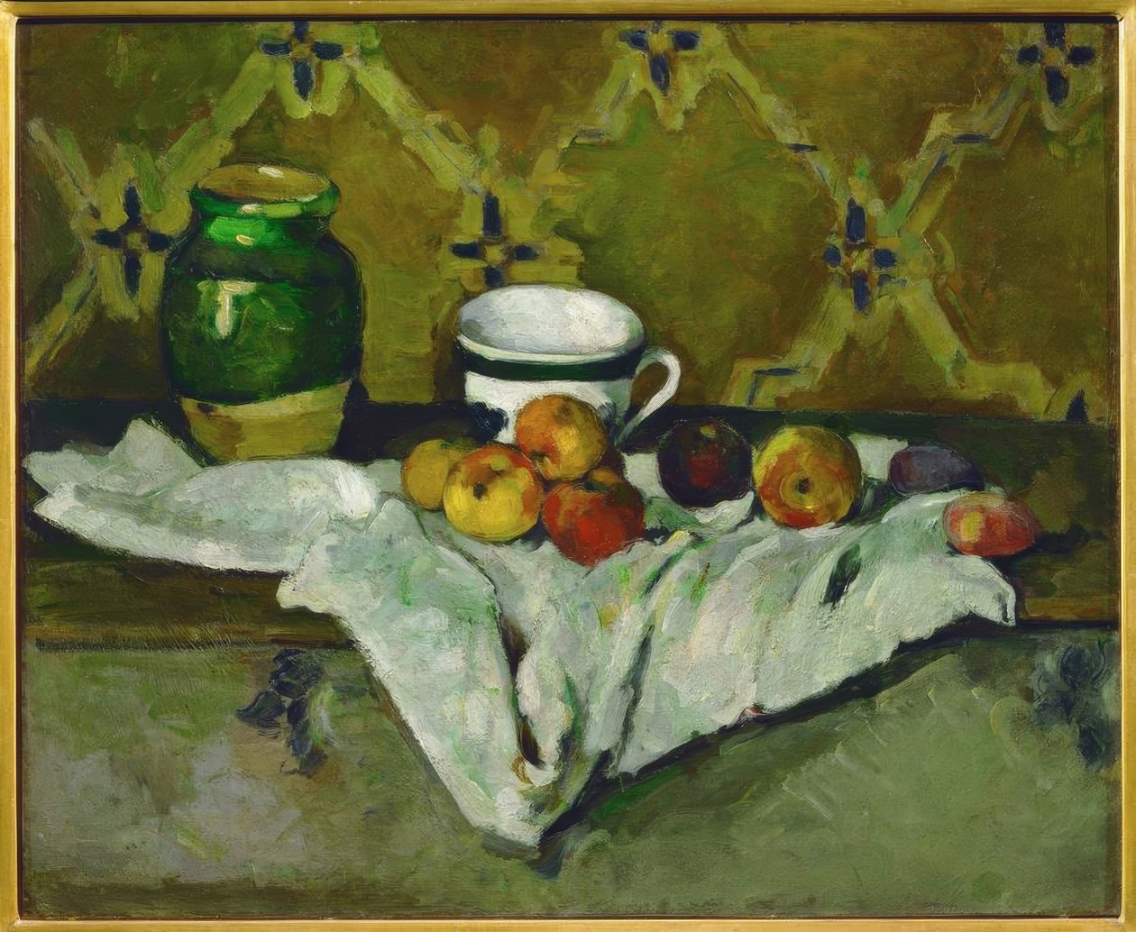 Nature morte (poterie, tasse ja hedelmät tekijältä Paul Cézanne
