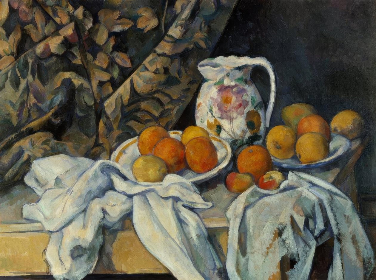 Asetelma verhoilla ja kukkaistulla tekijältä Paul Cézanne