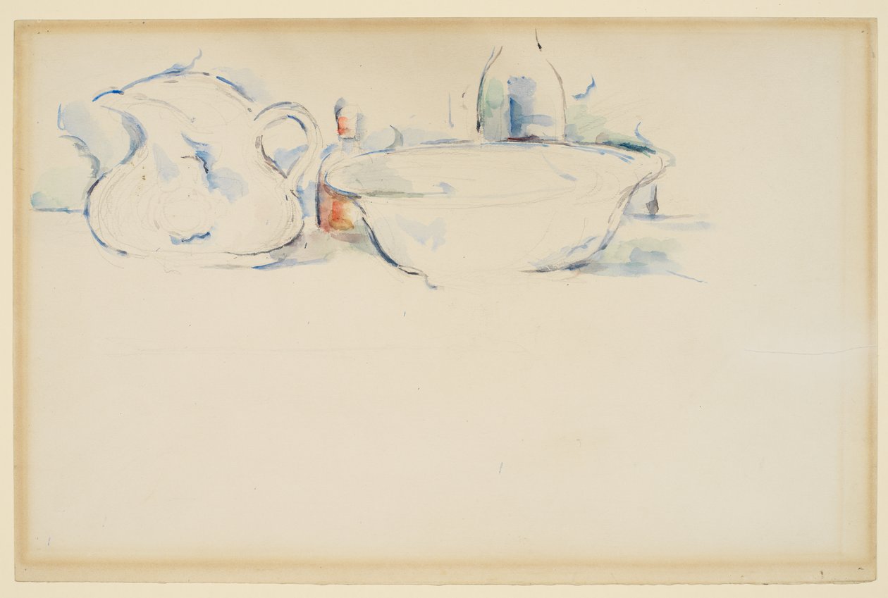 Asetelma, hygieniatuotteet, n. 1885-1890 (grafiitti ja akvarelli paperille) tekijältä Paul Cézanne