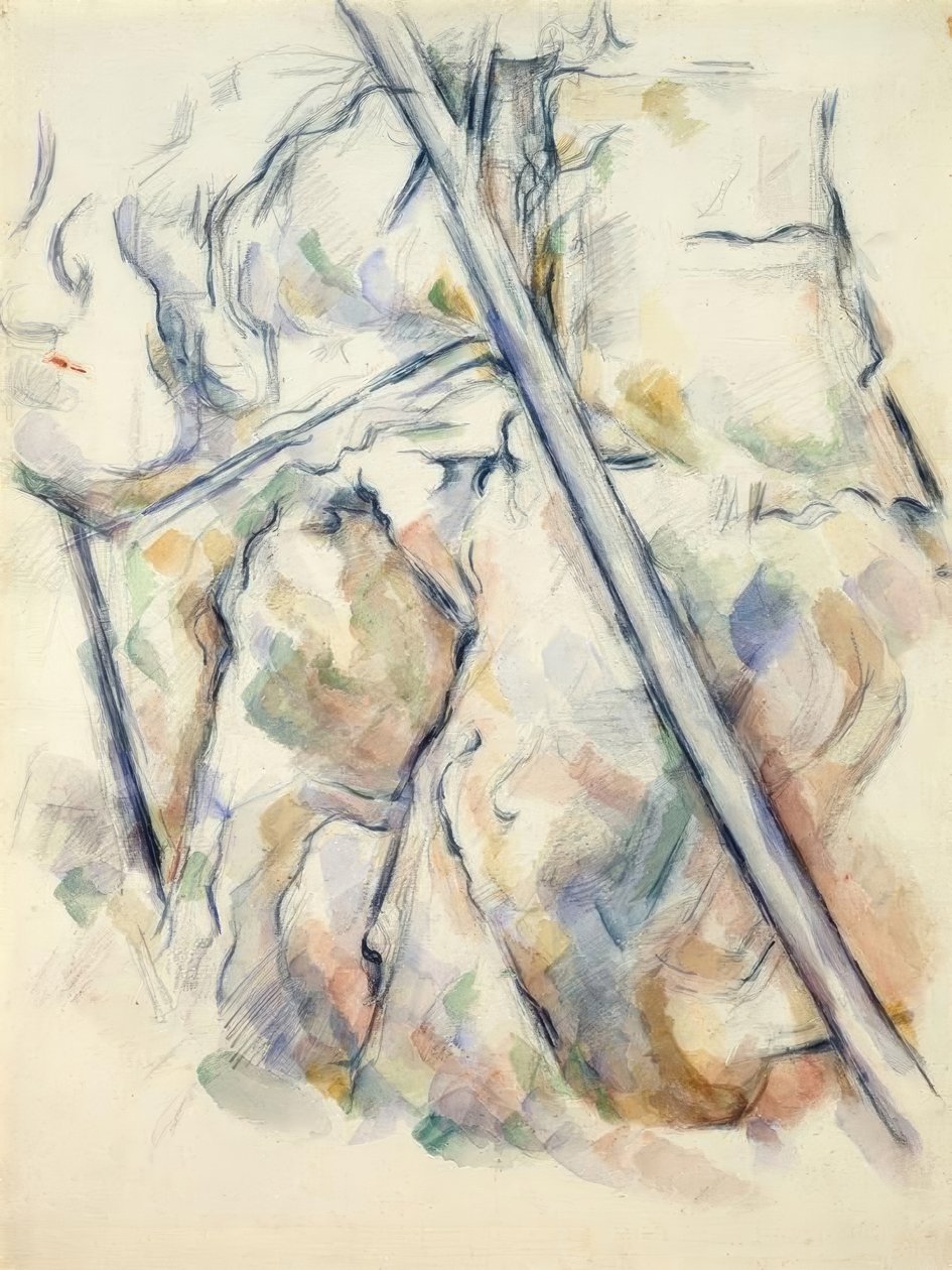 Mänty ja kivet lähellä Château-Noirin yläpuolella olevia luolia tekijältä Paul Cézanne