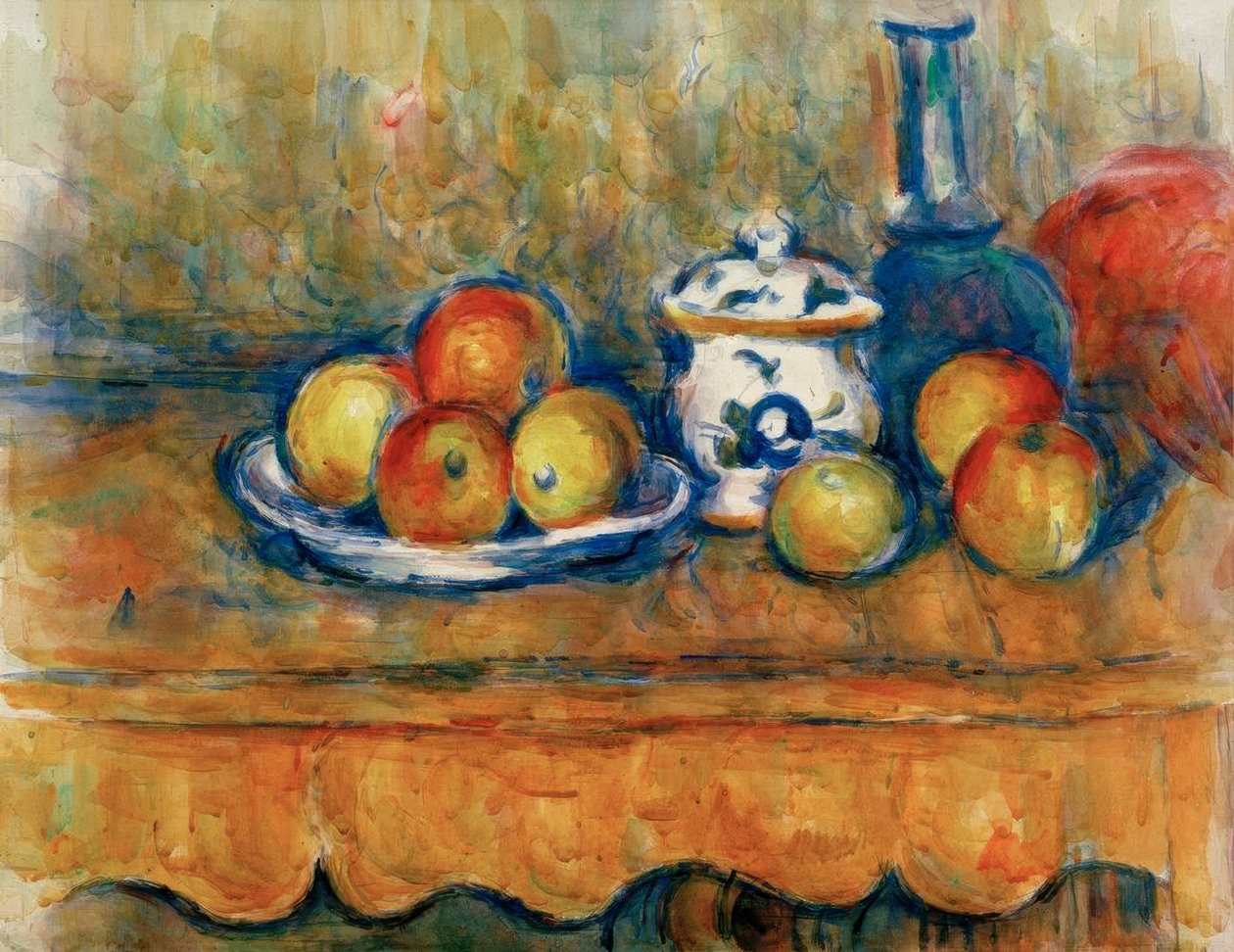 Omenat, karahvi ja sokerikulho tekijältä Paul Cézanne