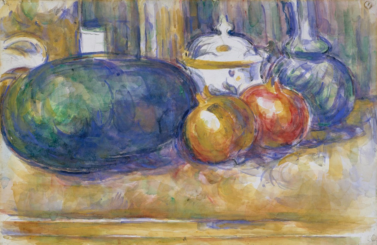 Asetelma vesimelonin ja granaattiomenoiden kanssa, 1900-1906. tekijältä Paul Cézanne
