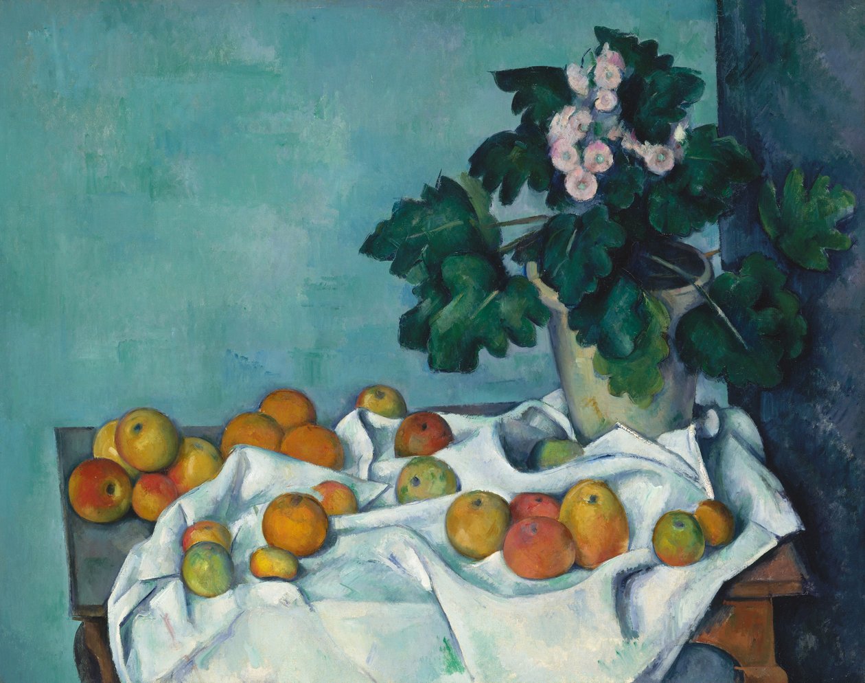 Asetelma, jossa on omenoita ja ruukku primrooseja, noin 1890. tekijältä Paul Cézanne