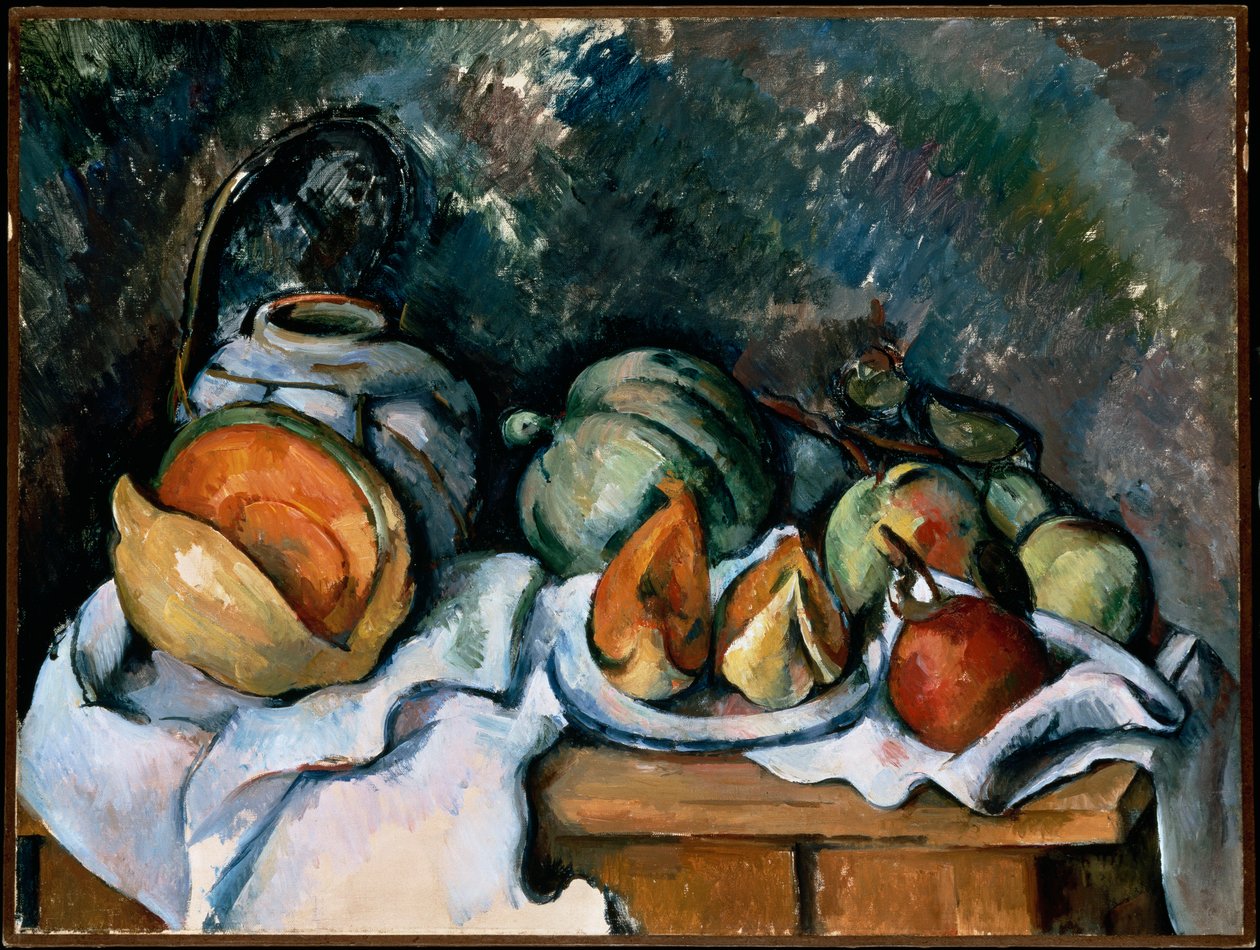 Asetelma hedelmien ja inkivääriruukun kanssa, n. 1895 tekijältä Paul Cézanne