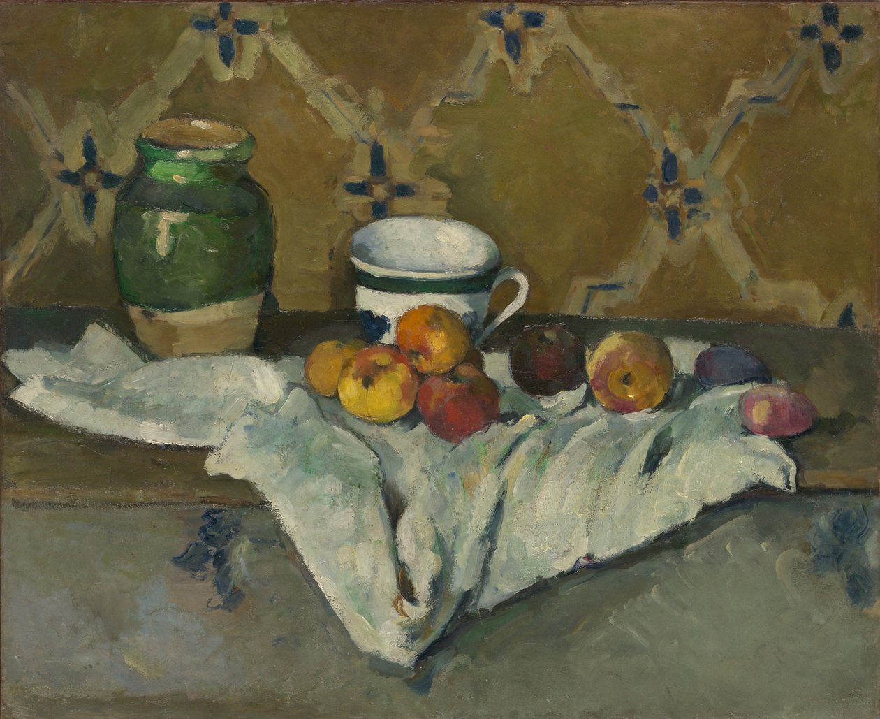 Asetelma, jossa on purkki, kuppi ja omenoita, noin 1877. tekijältä Paul Cézanne
