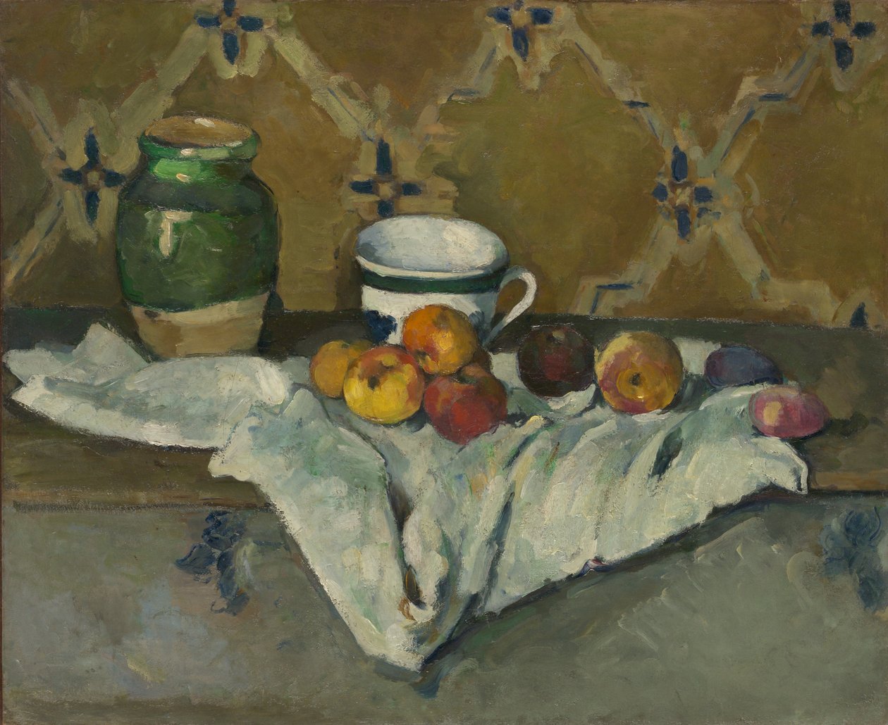 Asetelma purkin, kupin ja omenoiden kanssa, n. 1877. tekijältä Paul Cézanne