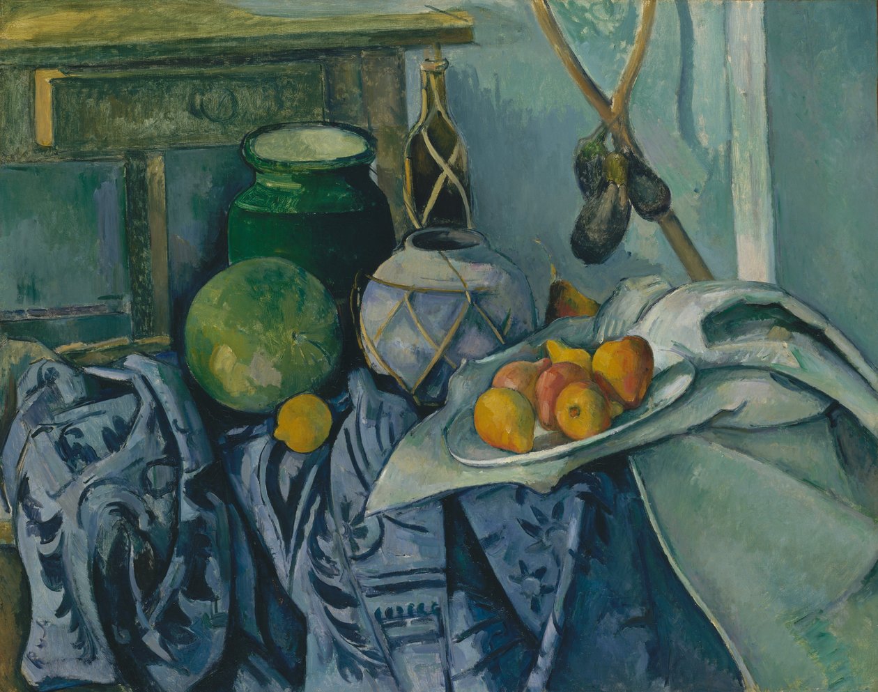 Asetelma inkivääripurkin ja munakoisojen kanssa, 1893-94. tekijältä Paul Cézanne