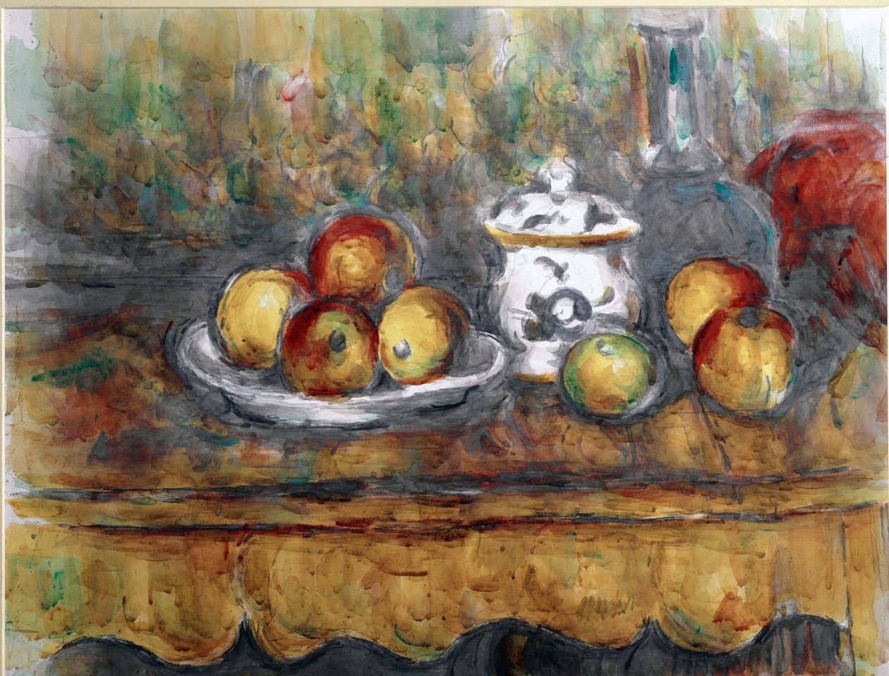 Asetelma sininen pullo Paul Cezannen akvarelli (1839-1906) 1900 noin. Aurinko. 48x63 cm Wien, Kunsthistorisches Museum, Nude Gallery in der Stallburg tekijältä Paul Cézanne