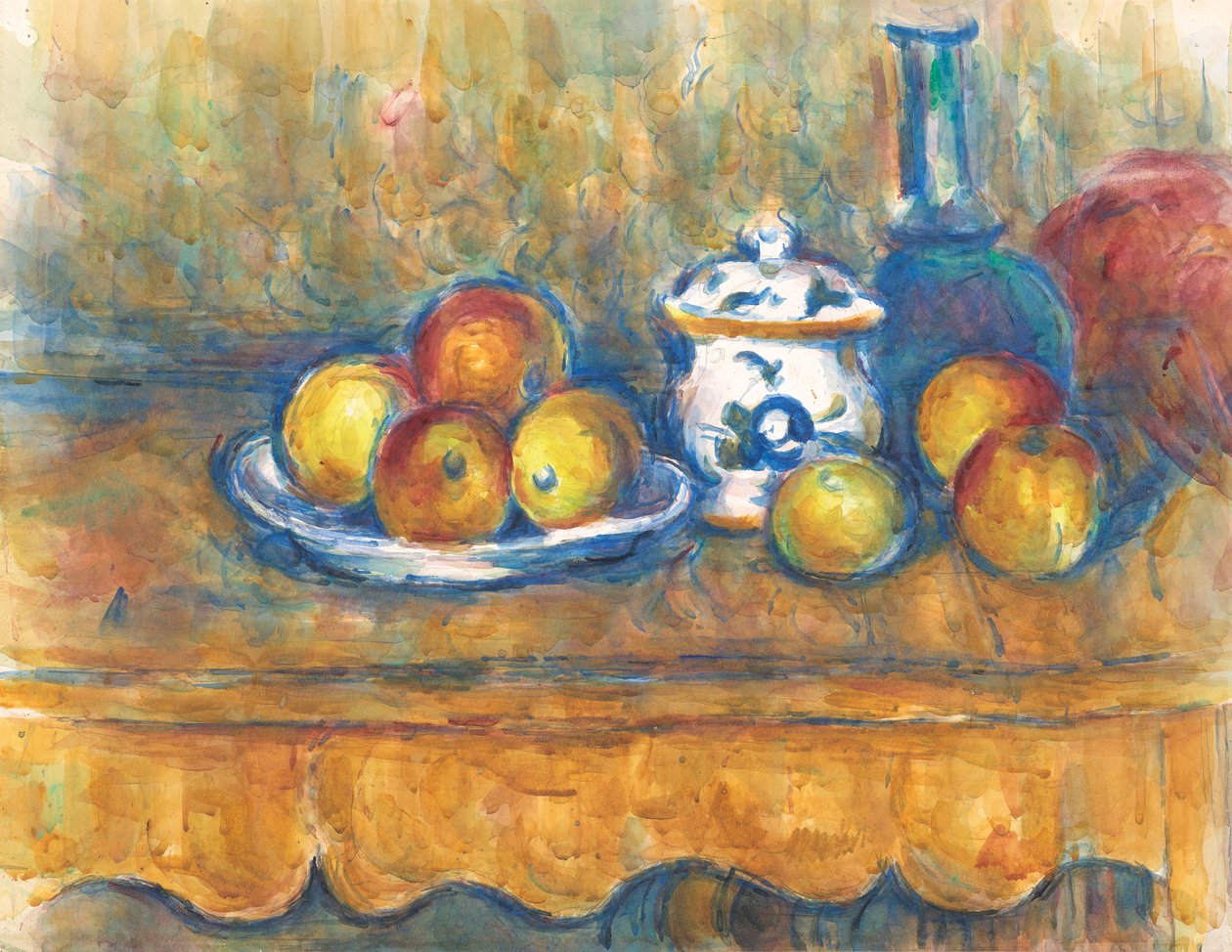 Asetelma sinisellä pullolla, sokerikulholla ja omenoilla, 1900-1902. tekijältä Paul Cézanne