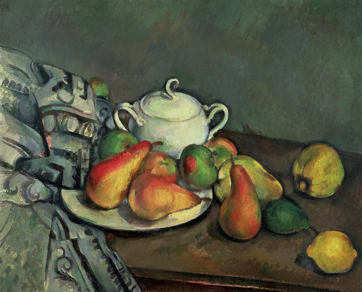 Asetelma sokerialtaan ja hedelmien kanssa tekijältä Paul Cézanne
