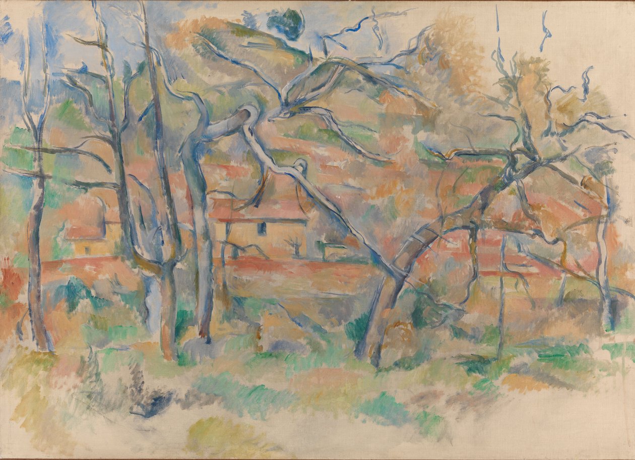 Arbres i cases, Provença, c.1885 (oli sobre tela)finès tekijältä Paul Cézanne