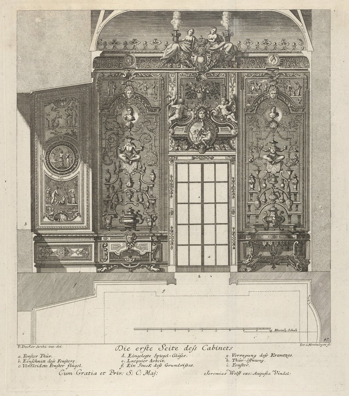 Posliinihuoneen ensimmäinen seinä, julkaisu: Fürstlicher Baumeister Oder: Architectura civ..., 1711. tekijältä Paul Decker the Elder