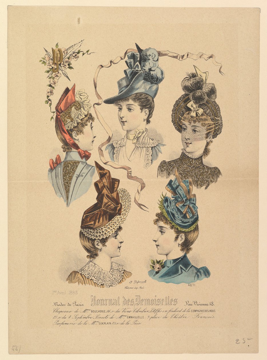 Naisten hatut, nro 4671, Journal des Demoiselles, 1. huhtikuuta 1888. tekijältä Paul Deferneville