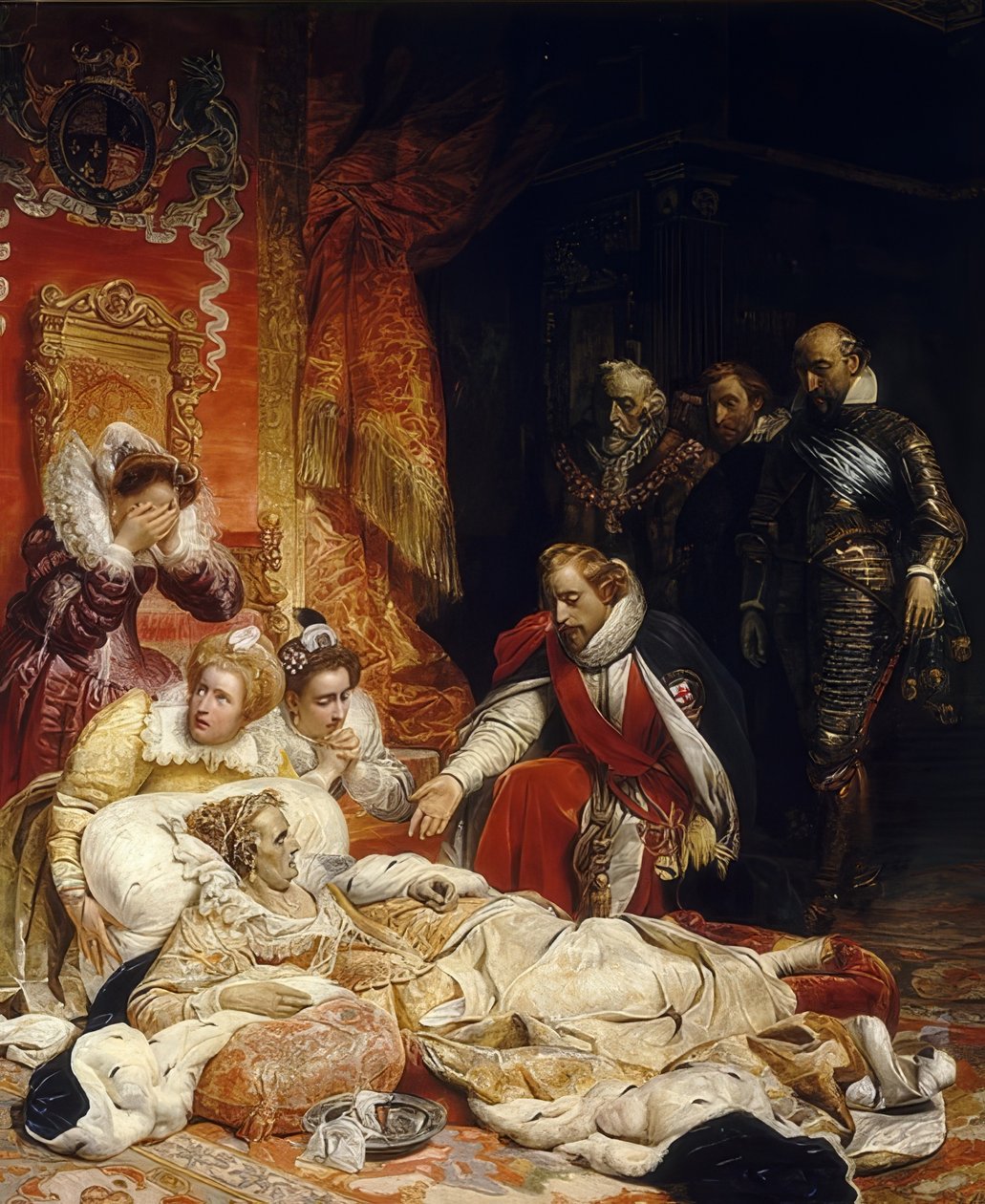 Englannin kuningatar Elisabet I:n kuolema. 1828 tekijältä Paul Delaroche