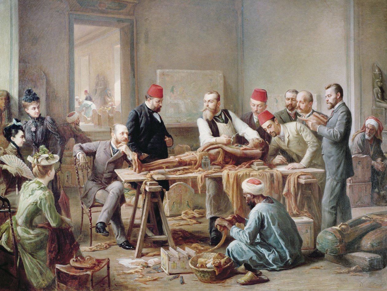 Muumion tutkiminen - Amunin pappitar, n. 1891 (öljy kankaalle) tekijältä Paul Dominique Philippoteaux