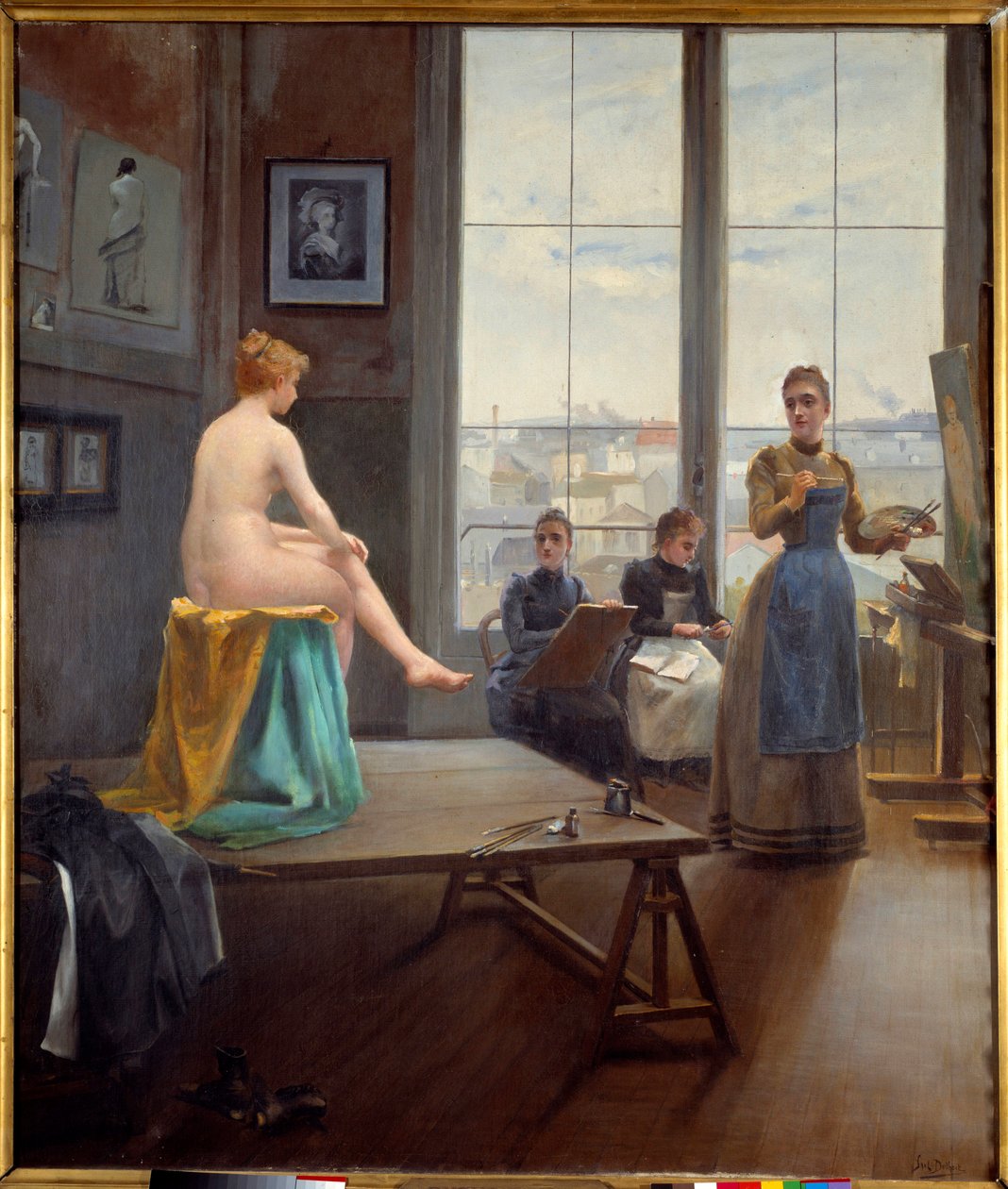 Nuorten tyttöjen työpaja Malli poseeraa nuorille naismaalajille. Paul Duthoitin maalaus (tehty 1858-?) 1896 Dim. 1,20 x 1,04 m Pau, Kuvataidemuseo tekijältä Paul Duthoit
