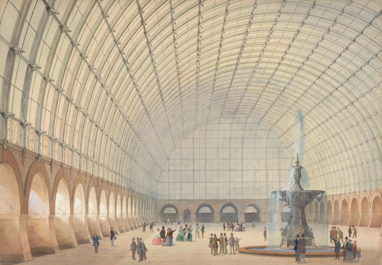 Suunnittelu harjoitus- ja teollisuusnäyttelyhalliin Wienissä, perspektiivikuva sisätiloista, 1853. tekijältä Paul Eduard Sprenger