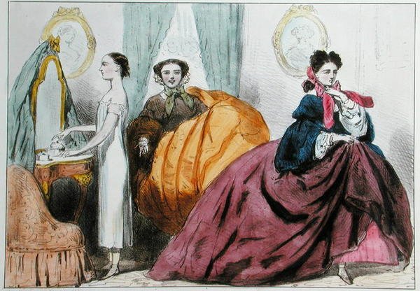Sarjakuva, joka satiirisoi krinoliinin muotia, n. 1860 (värilitho) tekijältä Paul Emile Detouche
