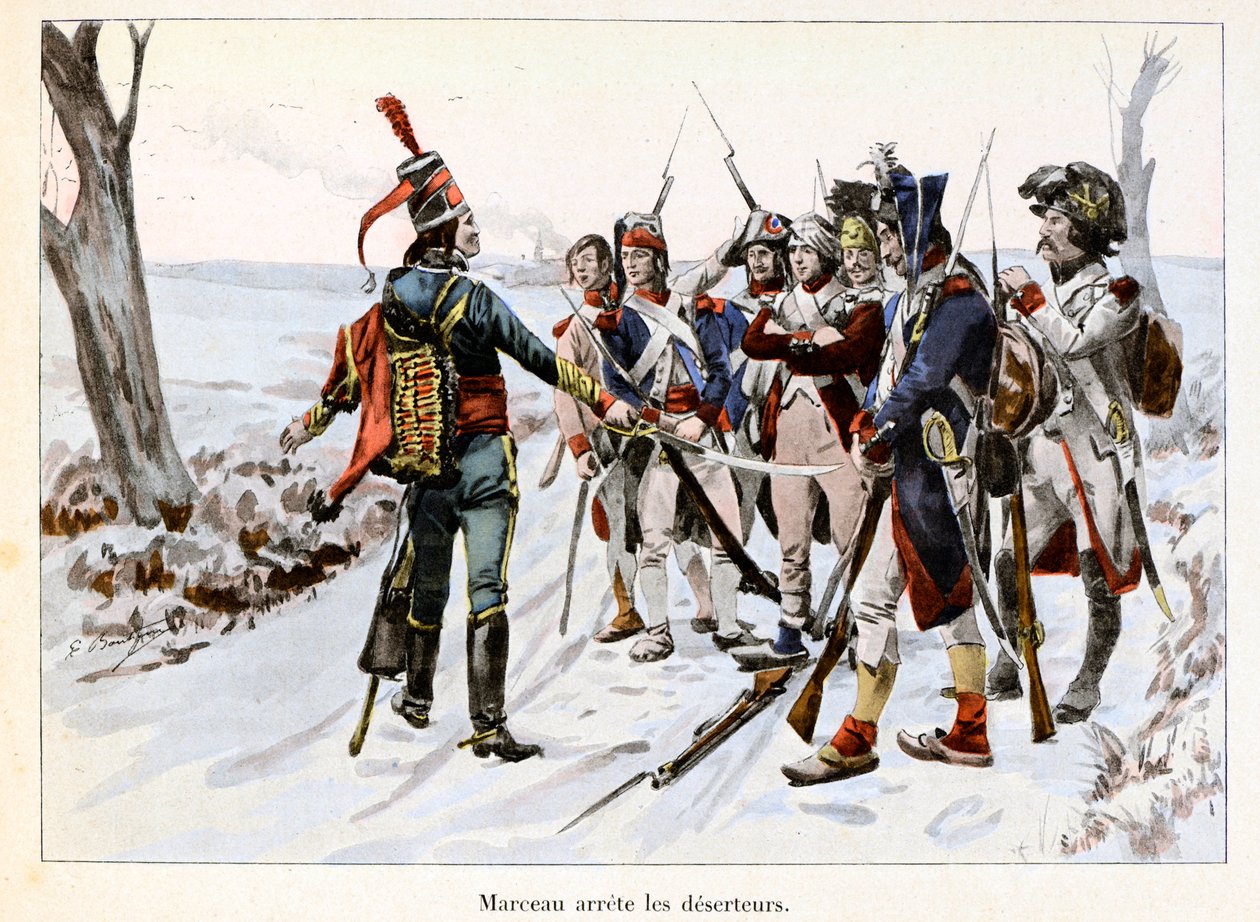 Marceau arrete des deserteurs: Francois-Severin Desgraviers Marceau (1769-1796) pidätti republikaanien armeijan sotilaita Vendeessä (85) - Emile Boutignyn (1853-1929) kuvitus teoksessa "Hoche-Marceau-Desaix" ( kirjoittaja Theodoreaix) 1854-1928) - Yksityin tekijältä Paul Émile Boutigny