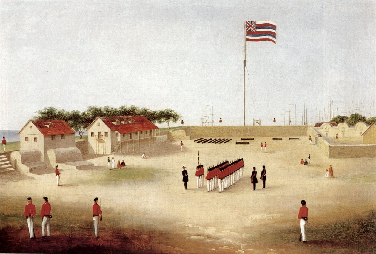 Näkymä Honolulun linnoitukselle, n. 1853 (öljy kankaalle) tekijältä Paul Emmert