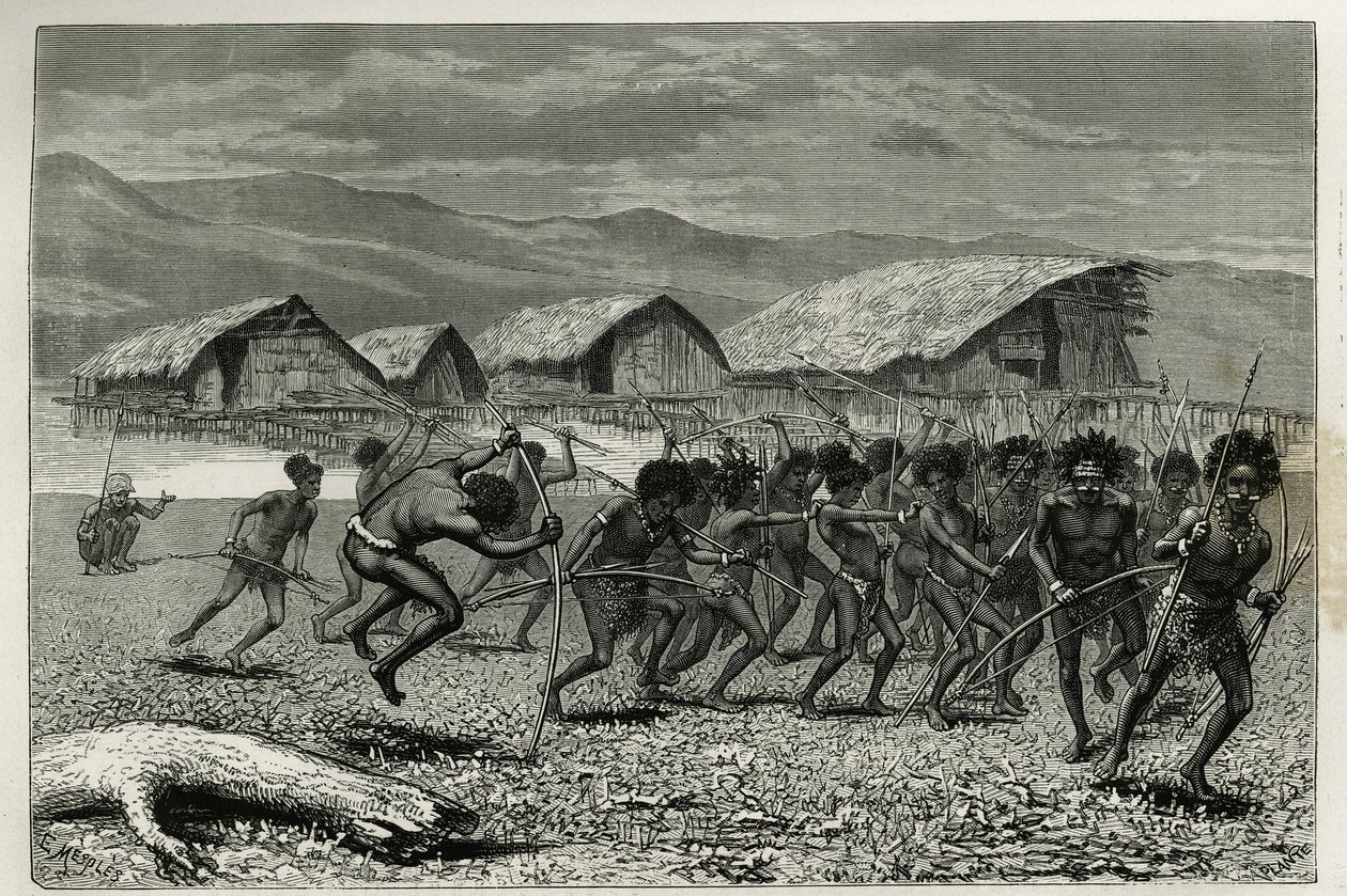 Papus Arfaks -sotureiden laskeutuminen Doreyssa (Uusi-Länsi-Guinea), E.Mesplesin kaiverrus havainnollistamaan Achille Raffrayn matkaa Uuteen-Guineaan, joka on valtuutettu opetusministeriön tieteellisestä tehtävästä, vuosina 1876-1877, julkaistu kiertue d tekijältä Paul Eugene (after) Mesples