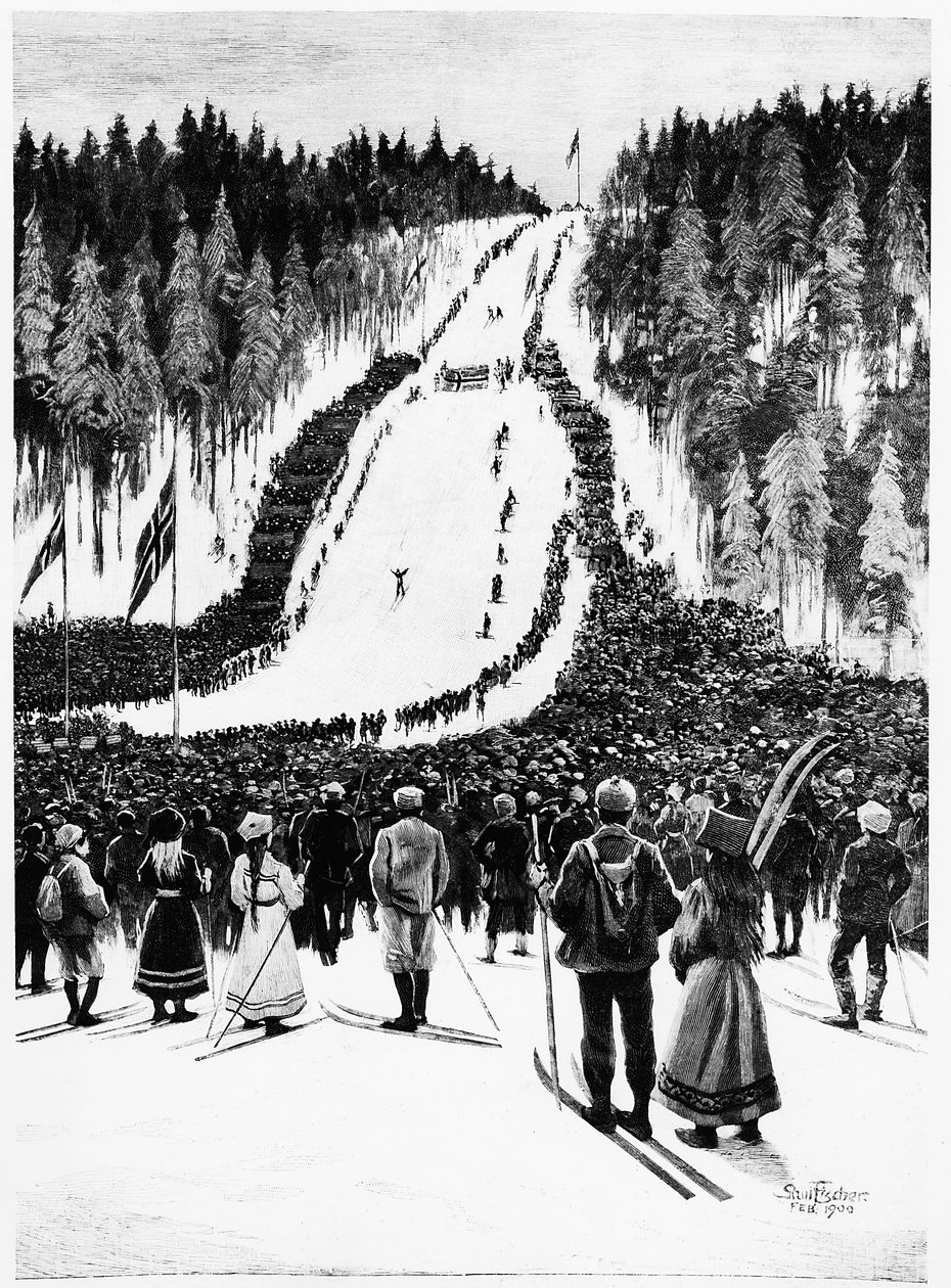 Ski: Norjan derby, hiihtokilpailu - piirustus Paul fisher, helmikuu 1900, Bibl. des Arts Deco. tekijältä Paul Fischer