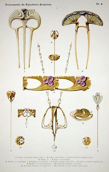 Korukuviot, levy 4 julkaisusta "Documents de Bijouterie et Orfeverie modernes", julkaisija Henri Laurens, Pariisi, n. 1900 (sävytetty kromolito) tekijältä Paul Follet