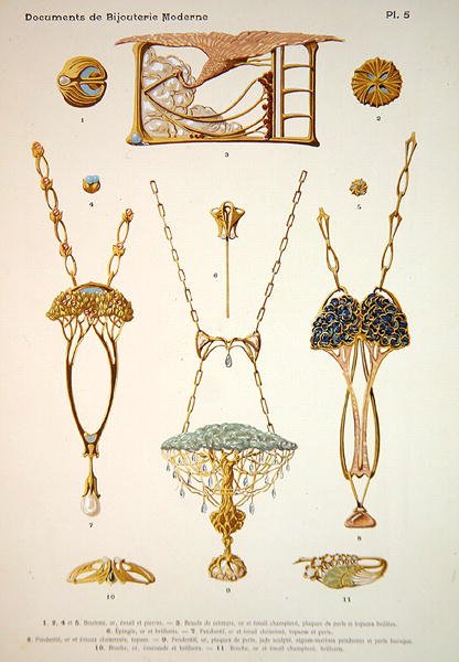 Korukuviot, levy 5 julkaisusta "Documents de Bijouterie et Orfeverie modernes", julkaisija Henri Laurens, Pariisi, n. 1900 (sävytetty kromolito) tekijältä Paul Follet