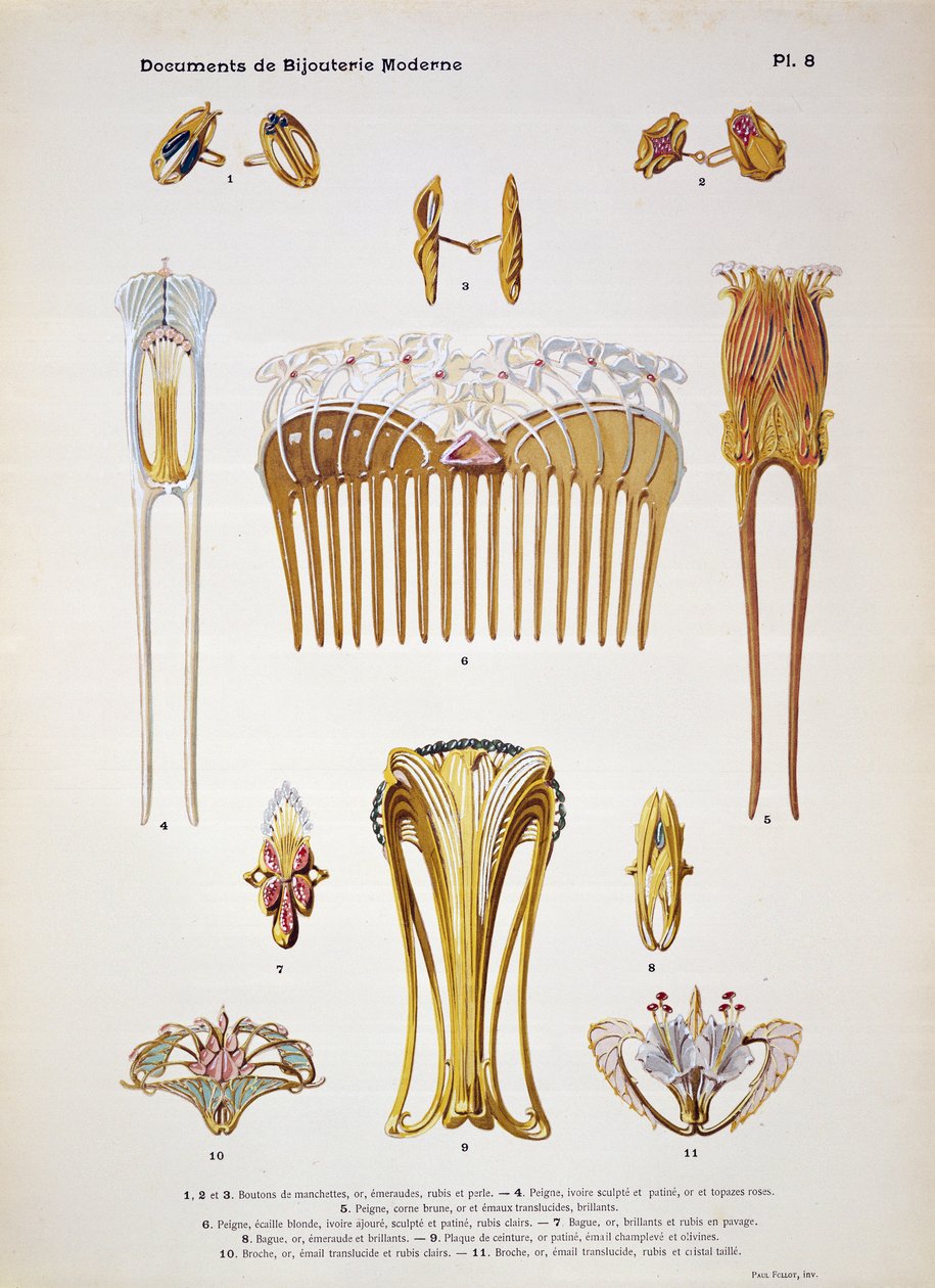 Korumalleja, levy 8 asiakirjasta "Documents de Bijouterie et Orfeverie modernes", jonka on julkaissut Henri Laurens, Pariisi, noin 1900 (sävytetty kromoliitti). tekijältä Paul Follet