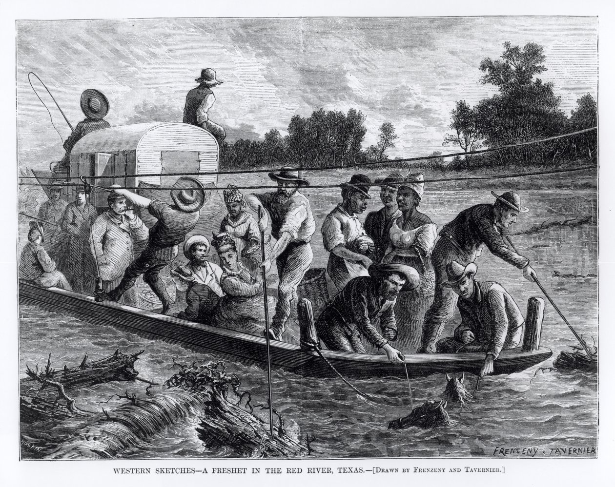 Western Sketches, Freshet in the Red River, Texas, kuvitus  tekijältä Paul Frenzeny