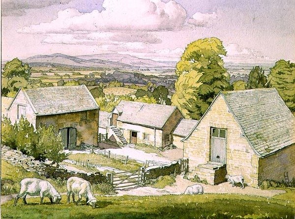 Cotswoldin maatila. 1928 (akvarelli paperille) tekijältä Paul Fripp
