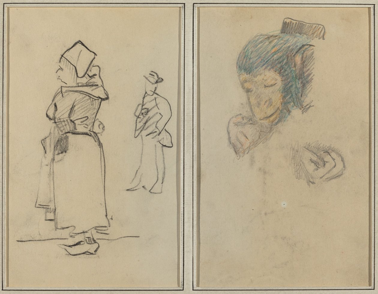Breton nainen ja seisova mies; Apinan pää ja käsi [recto] tekijältä Paul Gauguin