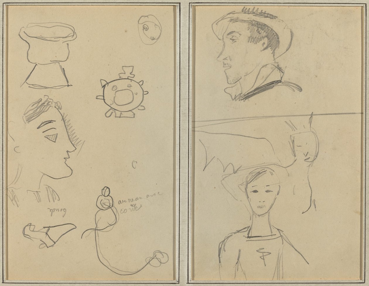 Karikatyyri ja viisi muotoa; Mies profiilissa, siivekäs olento ja poika [verso] tekijältä Paul Gauguin