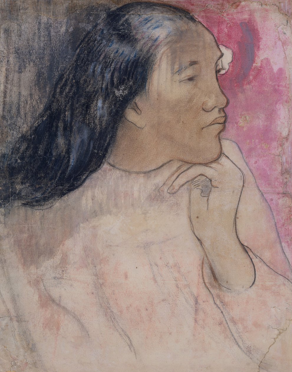 Tahitilaisnainen, jolla on kukka hiuksissaan, 1891-92 (hiili, pastelli ja pesu). tekijältä Paul Gauguin