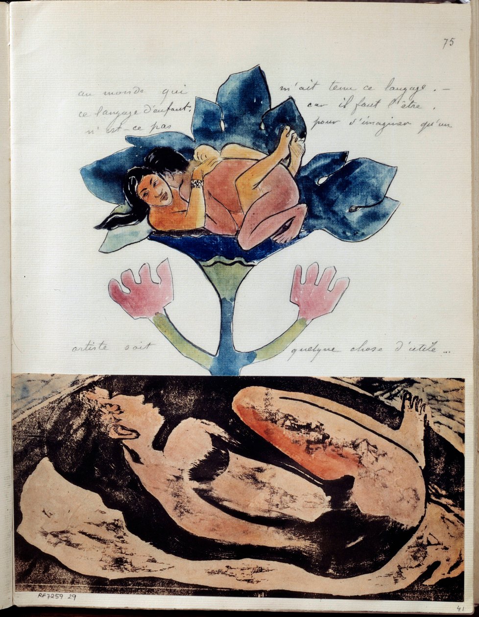 Taidemaalari Paul Gauguinin (1848-1903) albumi Noa (tai Noa Noa): folio 75. Yläosassa akvarelli, kynä ja tussi, jotka edustavat paria sukupuoliyhteyden aikana ja alareunassa kaiverrus nukkuvan naisen akvarellikohokohtia. . Noin 1893 tekijältä Paul Gauguin