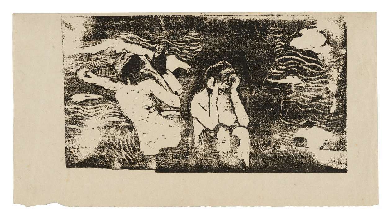 Mustilla kallioilla, myöhäisten puupiirrosten sarjasta tekijältä Paul Gauguin