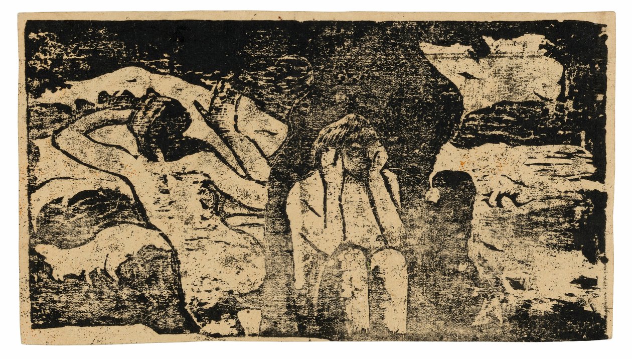 Mustilla kallioilla, myöhäisten puupiirrosten sarjasta tekijältä Paul Gauguin