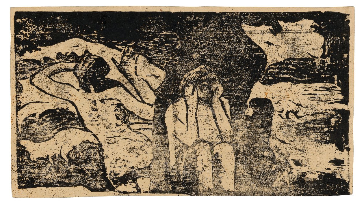 Mustilla kallioilla, myöhäisten puupiirrosten sviitistä. tekijältä Paul Gauguin