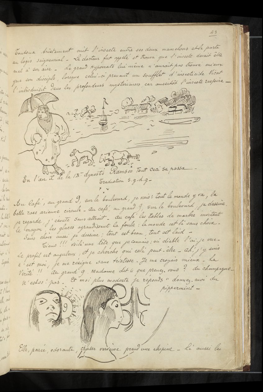 Avant et après - tekstiä ja piirroksia "le petit mignonista" ja hänen koiristaan Cytherassa ja kahdesta päästä (omakuva?) kahvilassa tekijältä Paul Gauguin