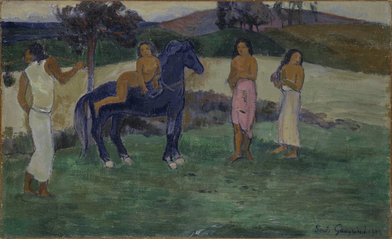 Kokoonpano avec figures et un cheval - Sävellys hahmoilla ja hevosella, kirjoittanut Gauguin, Paul Eugene Henri (1848-1903). Öljy kankaalle tekijältä Paul Gauguin