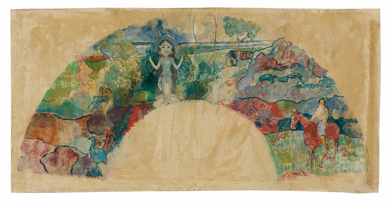 Suunnittelu fanille, jossa on maisema ja jumalatar Hinan patsas tekijältä Paul Gauguin