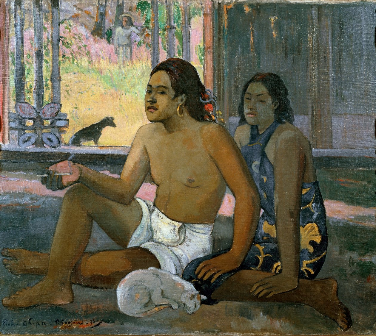 Eiaha Ohipa (Älä työskentele. Tahitilaiset huoneessa). Mies ja nainen Tahitista poseeraavat sisällä talossa. Heidän jaloissaan nukkuu valkoinen kissa. Paul Gauguinin maalaus (1848-1903) tekijältä Paul Gauguin